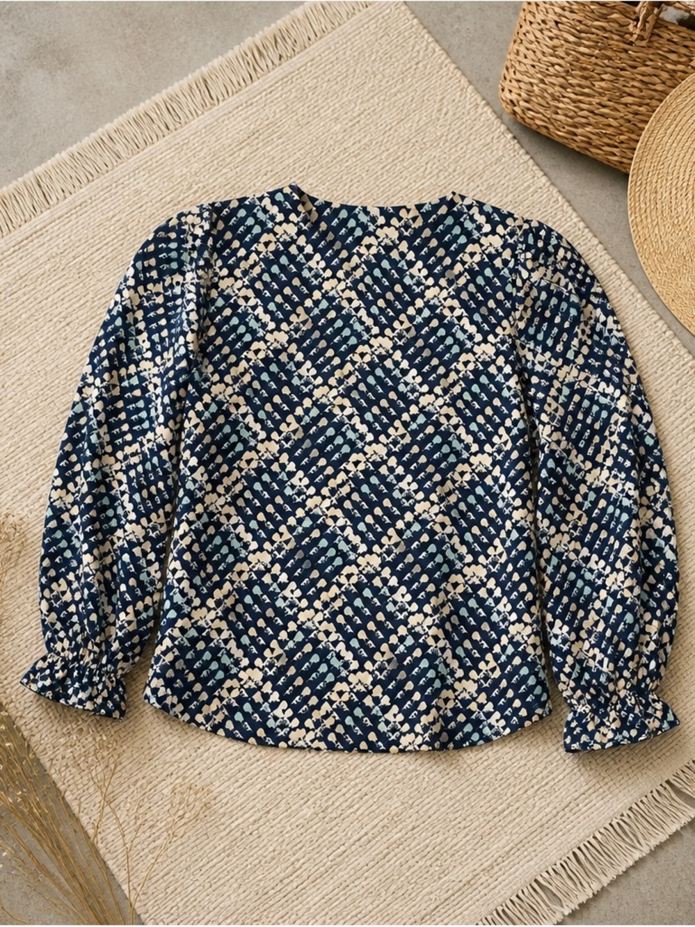 Heartloom Navy and Tan Geometric Wrap Blouse - Picture 2 of 7